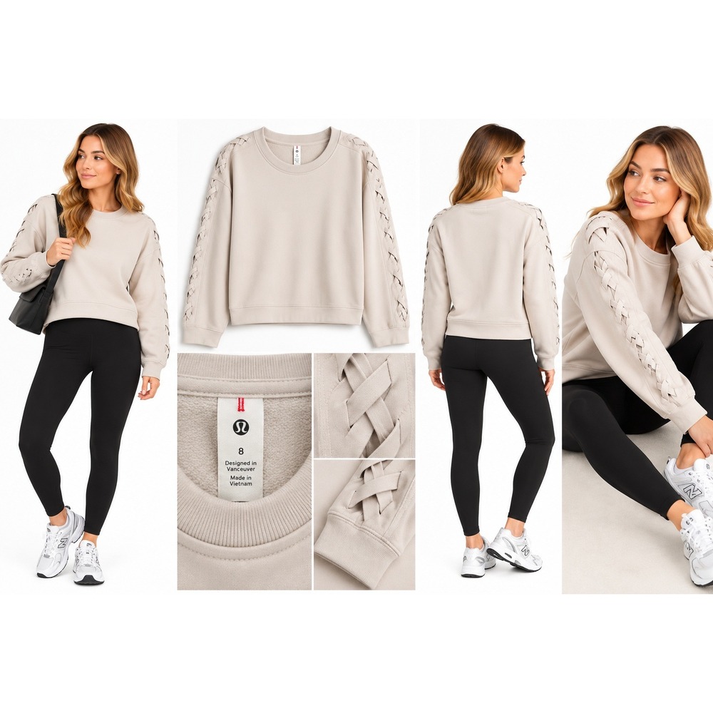 Lululemon Braided Sleeve Pullover 8 White Opal Crewneck Balletcore Athleisure
